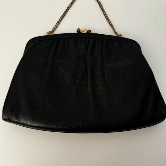 Liebermanns Lansing Michigan Black Leather Evening Clutch Dainty Gray Gold Chain - Picture 5 of 10